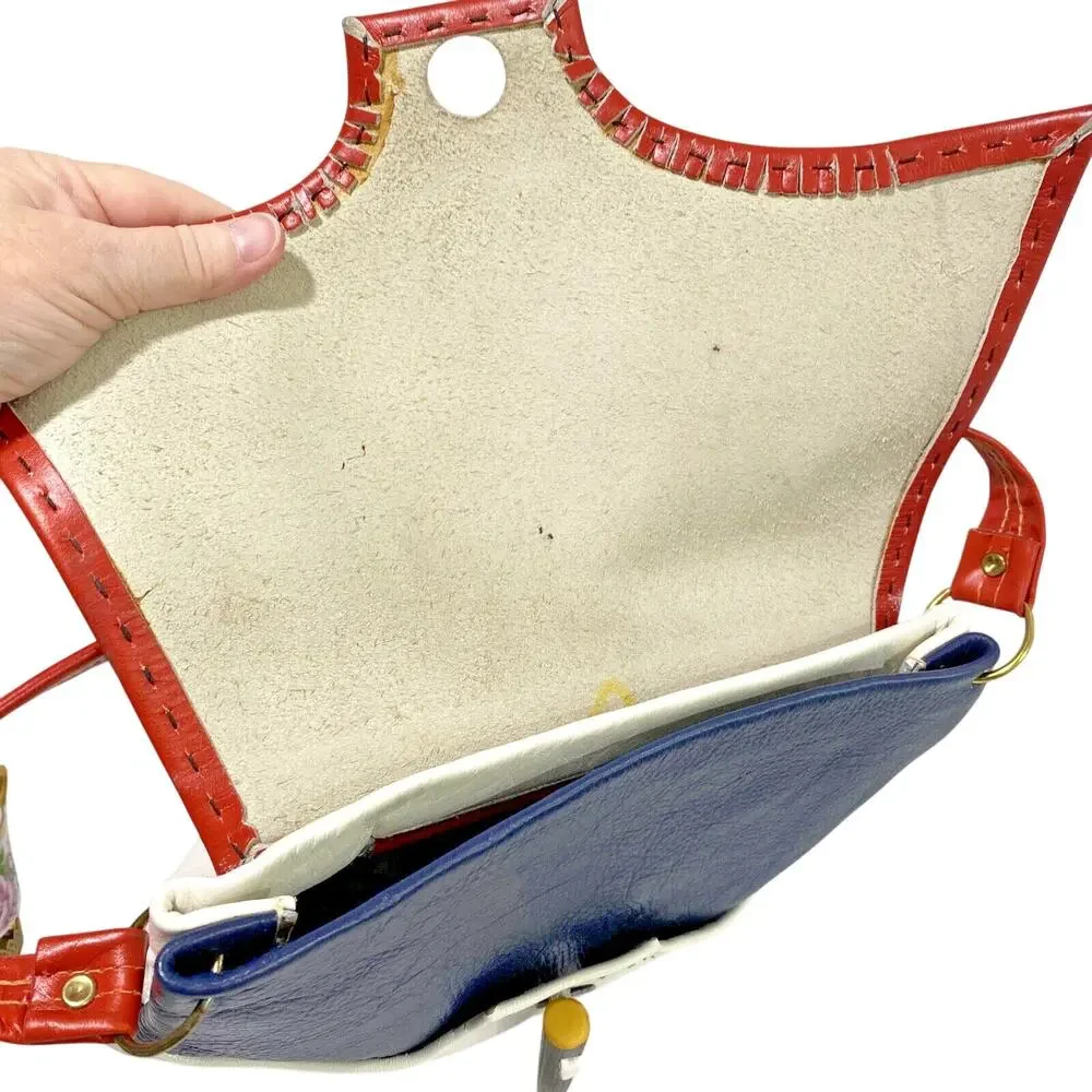 Vintage GUILD Red White & Blue Leather Purse Shoulder Bag 70s Top Stitch Fashion